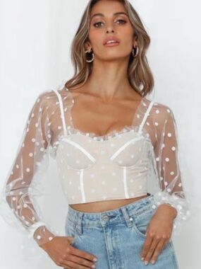 KEEPSAKE the Label White Sheer Polka Dot Mesh Bustier Crop Top